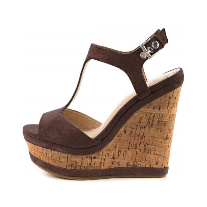Peep Toe Platforms Ankle Buckle T-Straps Wedges Sandals - Brown - NOTE:As Different Computers Display Colors Differently,The Color Of the Actual Item May Very Slightly From The Above Images.

Upper Material: Flock
Insole Material: Bonded Leather
Lining Material: Synthetic
Outsole Material: Rubber in Sexy Heels & Platforms