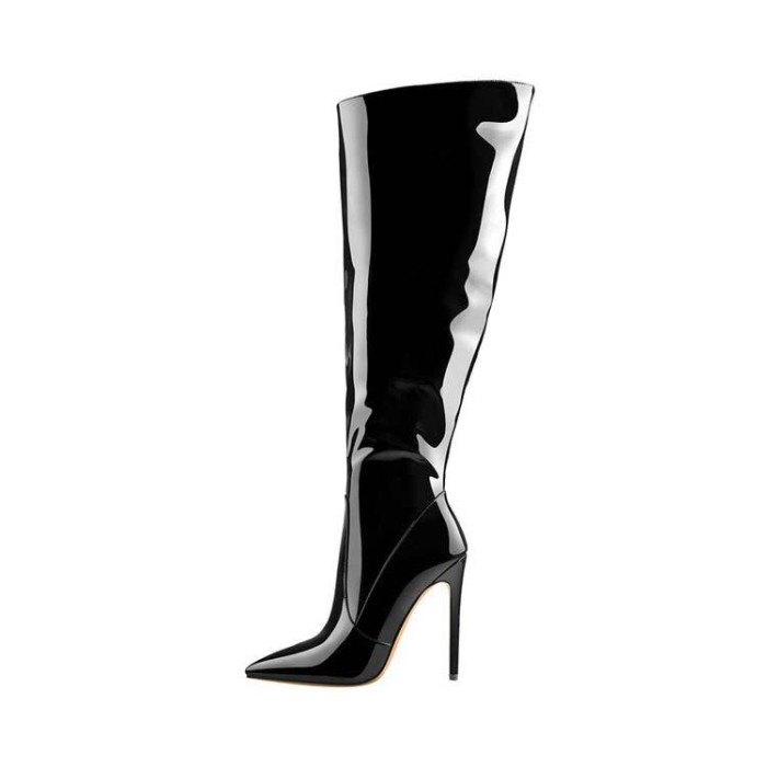 Stiletto Heels Platform Knee High Pointed Toe Booties with Side Zipper - Black - Color: Black
Upper Material: Patent
Insole Material: PU
Lining Material: PU
Outsole Material: Rubber

5.9 Inch Heel
1.9 Inch Platform in Sexy Boots