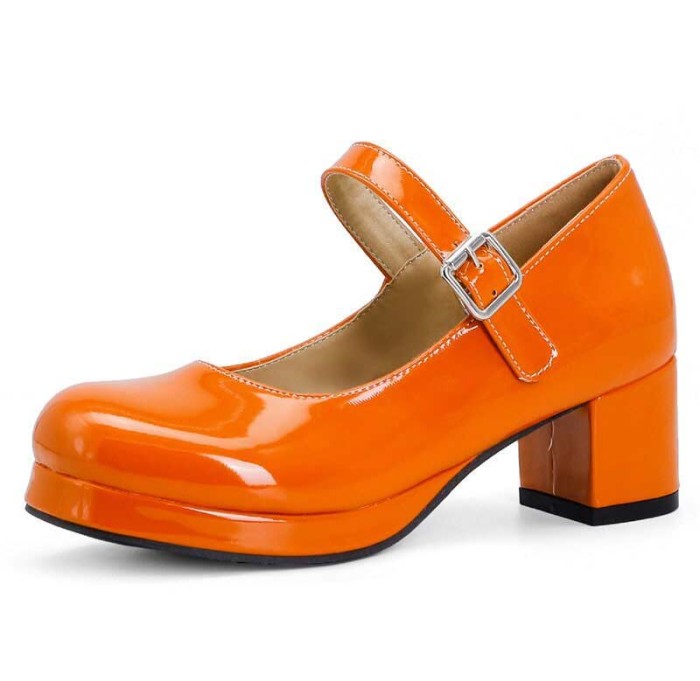 Medium Heels Platform Pumps Mary Janes Strap Sandals - Orange - Color: Orange
Upper Material: Faux Leather
Mid Sole Material: Faux Leather
Lining Material: PU
Heel Height: 1.9 inches
Platform Height: 1.1 inches in Sexy Heels & Platforms