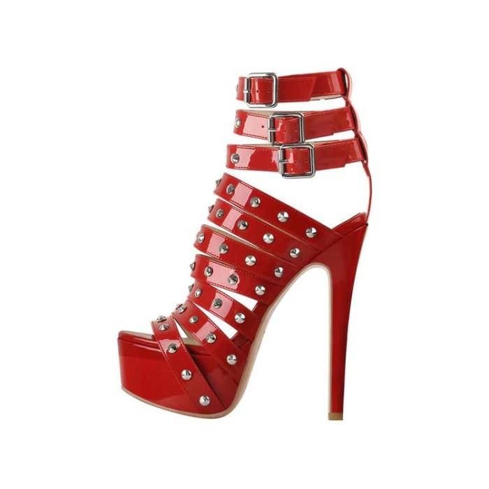 Stiletto Heels Peep Toe Buckle Straps Platform Rhinestones Ankle Pumps - Red - Color: Red
Upper Material: Patent
Insole Material: PU
Lining Material: PU
Outsole Material: Rubber

5.9 Inch Heel
1.6 Inch Platform in Sexy Heels & Platforms