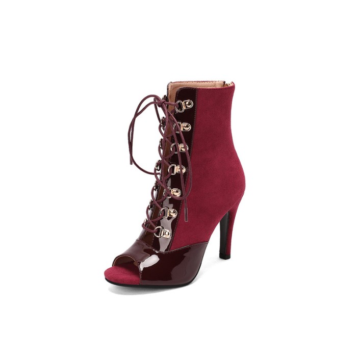 Peep Toe Stiletto Heels Lace Up Gladiator Spring Ankle Highs Sandals Pumps with Back Zipper - Red Wine - Shaft Material: Flock, Patent
Insole Material: Faux Leather
Lining Material: Faux Leather
Outsole Material: Rubber
Heels: 9.5 cm / 3.74 inches in Sexy Heels & Platforms