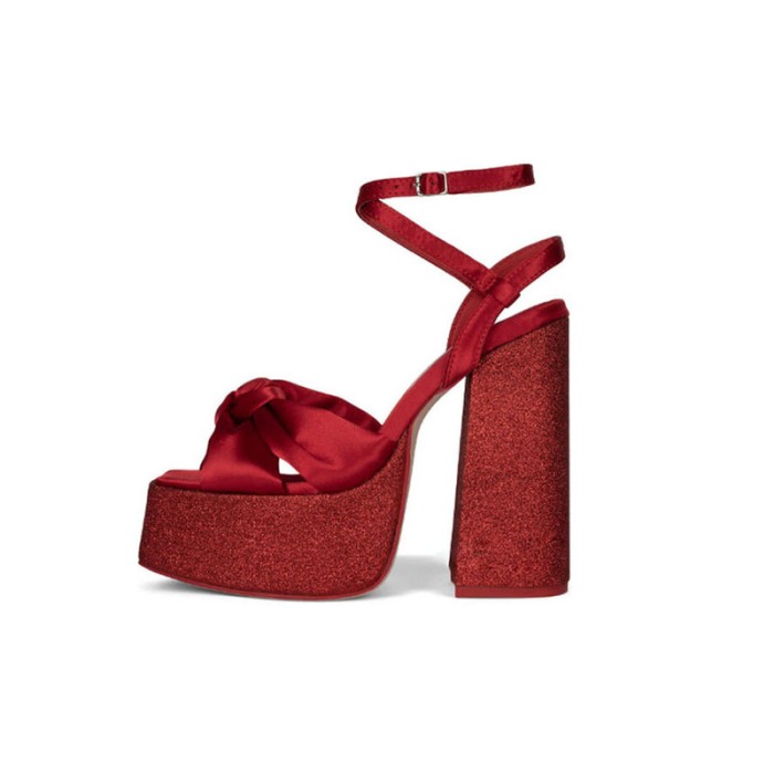 Chunky Heels Peep Toe Platforms Leopard Print Ankle Buckle Straps Sandals - Red - Upper Material: Satin, Faux Leather
Insole Material: Bonded Leather
Lining Material: Bonded Leather
Outsole Material: Rubber

5.6 Inch Heel
1.7  Inch Platform

SIZES

US: 4 (8.65 inch) - EU:34 (22 cm) 
US: 5 (8.85 inch) - EU:35 (22.5 cm) 
US: 6 (9.05 inch) - EU:36 (23 cm) 
US: 6.5 (9.25 inch) - EU:37 (23.5 cm) 
US: 7.5 (9.44 inch) - EU:38 (24 cm) 
US: 8.5 (9.64 inch) - EU:39 (24.5 cm) 
US: 9 (9.84 inch) - EU:40 (25 cm) 
US: 9.5 (10.03 inch) - EU:41 (25.5 cm) 
US: 10 (10.23 inch) - EU:42 (26cm) 
US: 10.5 (10.43 inch) - EU:43 (26.5 cm) 
US: 12 (10.62 inch) - EU:44 (27 cm) 
US: 13 (10.82 inch) - EU:45 (27.5 ) 
 in Sexy Heels & Platforms