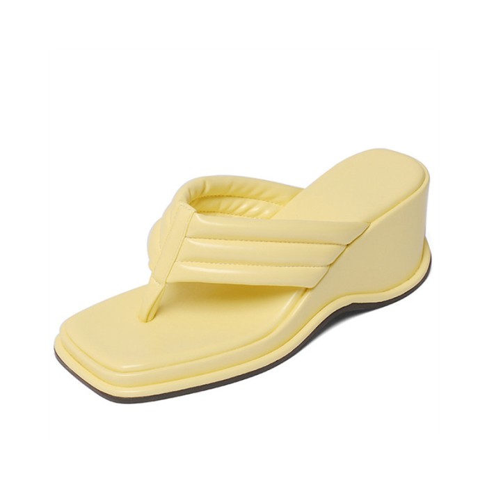 Peep Square Toe Platforms Wedges Flip Flops Sandals - Yellow - NOTE:As Different Computers Display Colors Differently,The Color Of the Actual Item May Very Slightly From The Above Images.

Upper Material: Faux Leather
Insole Material: Faux Leather
Lining Material: Synthetic
Outsole Material: Rubber in Sexy Heels & Platforms