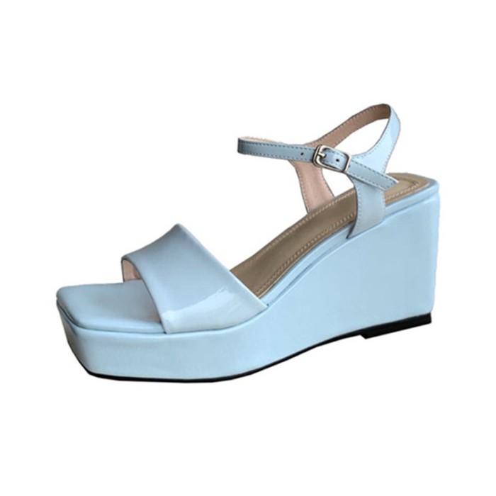 Peep Square Toe Platforms Ankle Buckle Straps  Wedges Venice Sandals - Blue - NOTE:As Different Computers Display Colors Differently,The Color Of the Actual Item May Very Slightly From The Above Images.

Upper Material: Patent
Insole Material: Genuine Leather
Lining Material: Synthetic
Outsole Material: Rubber in Sexy Heels & Platforms