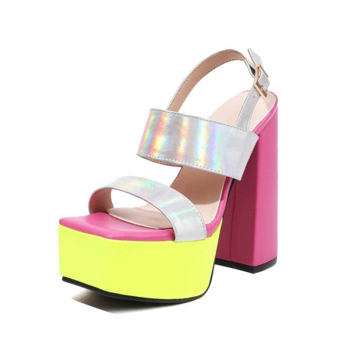 Chunky Heels Peep Toe Platforms Back Straps Sandals - Silver - Color: Silver Pink Lemonade
Upper Material: Faux Leather
Insole Material: Bonded Leather
Lining Material: Microfiber
Outsole Material: Rubber

5.7 Inch Heel
2.1 Inch Platform in Sexy Heels & Platforms