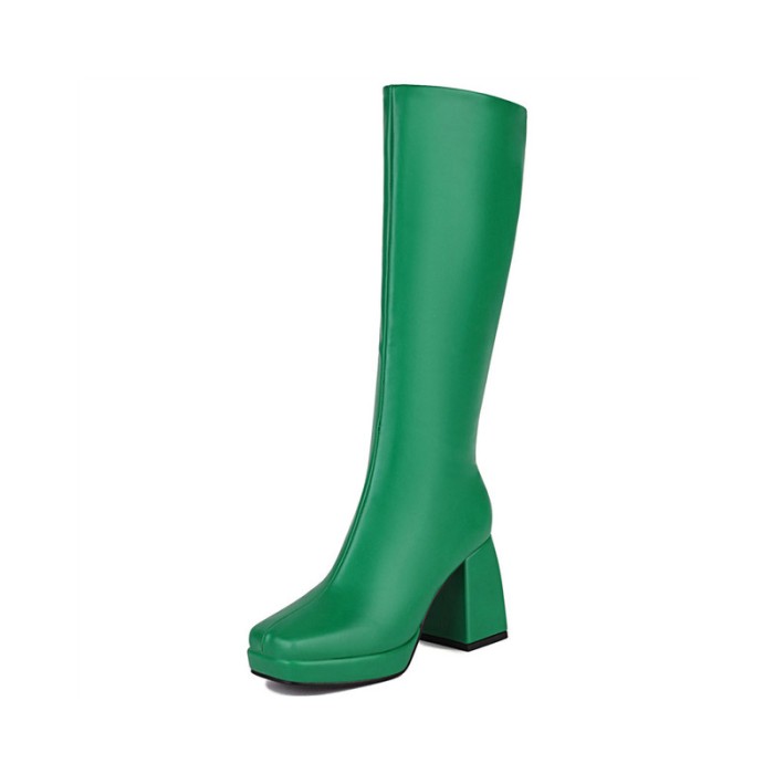 Square Toe Chunky Heels Metallic Pastel Platforms Knee High Zipper Boots - Green - NOTE:As Different Computers Display Colors Differently,The Color Of the Actual Item May Very Slightly From The Above Images.

Upper Material: Faux Leather
Insole Material: Short Plush
Lining Material: Synthethic
Outsole Material: Rubber in Sexy Boots