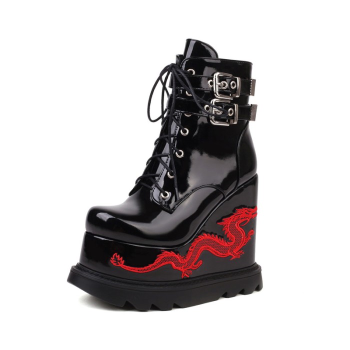 Round Toe Wedges Platforms Ankle Buckle Straps Lace Up Red Dragon Gothic Punks Boots - Black - NOTE:As Different Computers Display Colors Differently,The Color Of the Actual Item May Very Slightly From The Above Images.

Upper Material: Patent
Insole Material: Short Plush
Lining Material: Synthethic
Outsole Material: Rubber in Sexy Boots