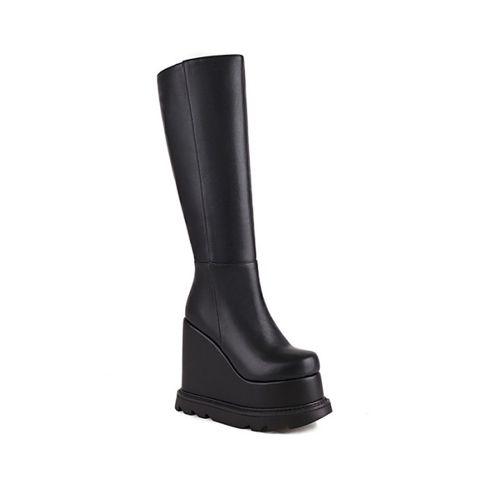 Round Toe Wedges Platforms Knee Highs Boots with Side Zipper - Black - NOTE:As Different Computers Display Colors Differently,The Color Of the Actual Item May Very Slightly From The Above Images.

Upper Material: Faux Leather
Insole Material: Faux Leather
Lining Material: Synthetic
Outsole Material: Rubber in Sexy Boots