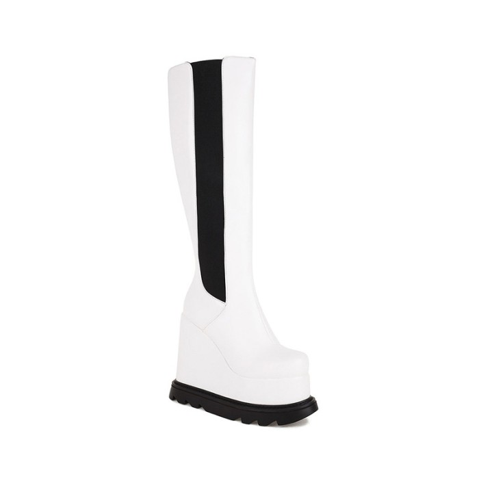 Round Toe Wedges Platforms Knee Highs Chelsea Boots with Side Zipper - White - NOTE:As Different Computers Display Colors Differently,The Color Of the Actual Item May Very Slightly From The Above Images.

Upper Material: Faux Leather
Insole Material: Faux Leather
Lining Material: Synthetic
Outsole Material: Rubber in Sexy Boots
