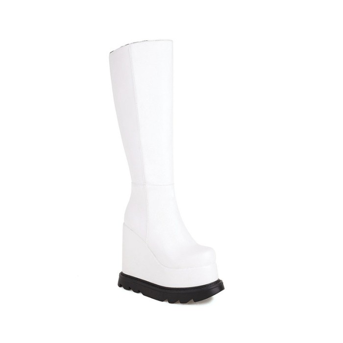 Round Toe Wedges Platforms Knee Highs Boots with Side Zipper - White - NOTE:As Different Computers Display Colors Differently,The Color Of the Actual Item May Very Slightly From The Above Images.

Upper Material: Faux Leather
Insole Material: Faux Leather
Lining Material: Synthetic
Outsole Material: Rubber in Sexy Boots
