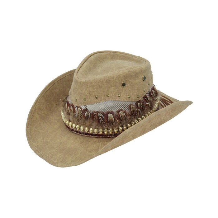 Western Native Feather Designed Cowboy Cowgirl Leather Hats - Tan - NOTE:As Different Computers Display Colors Differently,The Color Of the Actual Item May Very Slightly From The Above Images. in Caps, Chokers, Scarfs, Hats & Headwear