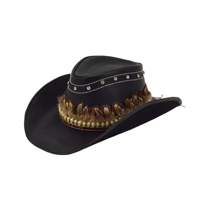 Western Native Feather Designed Cowboy Cowgirl Leather Hats - Black - NOTE:As Different Computers Display Colors Differently,The Color Of the Actual Item May Very Slightly From The Above Images. in Caps, Chokers, Scarfs, Hats & Headwear