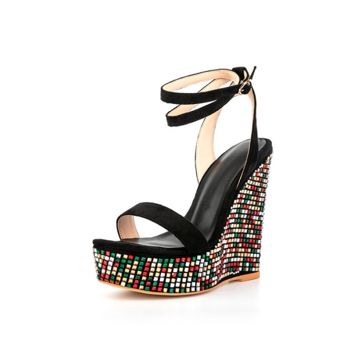 Peep Toe Multicolor Diamonds Platforms Party Wedges Sandals - Black - NOTE:As Different Computers Display Colors Differently,The Color Of the Actual Item May Very Slightly From The Above Images.

Upper Material: Flock
Insole Material: Faux Leather
Lining Material: Synthethic
Outsole Material: Rubber in Sexy Heels & Platforms