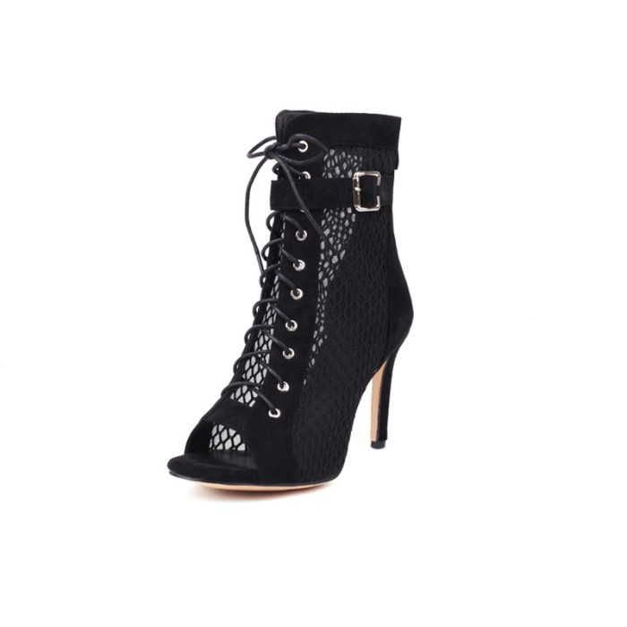 Peep Toe Stiletto Heels Fletwork Lace Up Spring Ankle Highs Buckle Straps Summer Sandals Pumps - Black - Shaft Material: Flock, Fletwork
Insole Material: Faux Leather
Lining Material: Faux Leather
Outsole Material: Rubber
Heels: 9.5 cm / 3.74 inches in Sexy Heels & Platforms