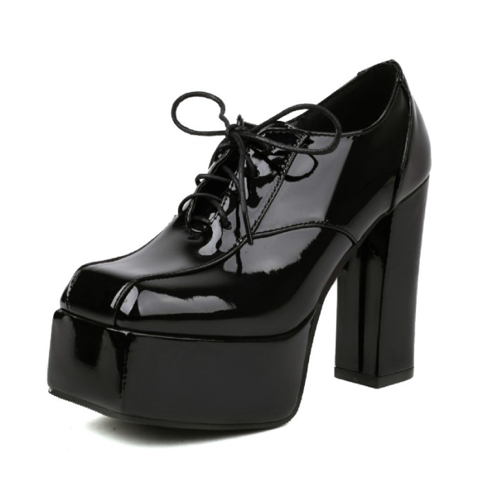 Square Toe Ankle High Lace Up Platforms Chunky Heels British Pumps - Black - Shaft Material: Patent
Insole Material: Faux Leather
Lining Material: Synthetic
Outsole Material: Rubber

SIZES
US: 4 (8.66 inch) - EU: 34
US: 4.5 (8.85 inch) - EU: 35
US: 5.5 (9.05 inch) - EU: 36
US: 6 (9.25 inch) - EU: 37 
US: 7 (9.44 inch) - EU: 38 
US: 8 (9.64 inch) - EU: 39
US: 8.5 (9.84 inch) - EU: 40
US: 9.5 (10.03 inch) - EU: 41
US: 10 (10.23 inch) - EU: 42
US: 11 (10.43 inch) - EU: 43 
US: 12 (10.62 inch) - EU: 44
US: 13 (10.83 inch) - EU: 45
US: 13.5 (11.02 inch) - EU: 46
US: 14 (11.22 inch) - EU: 47
US: 15 (11.41 inch) - EU: 48
US: 16 (11.61 inch) - EU: 49
US: 17 (12.01 inch) - EU: 50 in Sexy Heels & Platforms