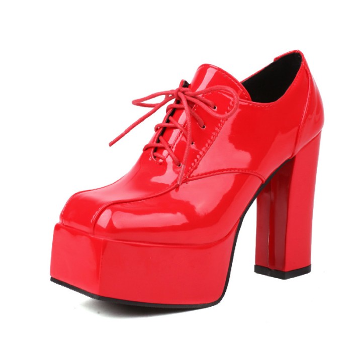 Square Toe Ankle High Lace Up Platforms Chunky Heels British Pumps - Red - Shaft Material: Patent
Insole Material: Faux Leather
Lining Material: Synthetic
Outsole Material: Rubber

SIZES
US: 4 (8.66 inch) - EU: 34
US: 4.5 (8.85 inch) - EU: 35
US: 5.5 (9.05 inch) - EU: 36
US: 6 (9.25 inch) - EU: 37 
US: 7 (9.44 inch) - EU: 38 
US: 8 (9.64 inch) - EU: 39
US: 8.5 (9.84 inch) - EU: 40
US: 9.5 (10.03 inch) - EU: 41
US: 10 (10.23 inch) - EU: 42
US: 11 (10.43 inch) - EU: 43 
US: 12 (10.62 inch) - EU: 44
US: 13 (10.83 inch) - EU: 45
US: 13.5 (11.02 inch) - EU: 46
US: 14 (11.22 inch) - EU: 47
US: 15 (11.41 inch) - EU: 48
US: 16 (11.61 inch) - EU: 49
US: 17 (12.01 inch) - EU: 50 in Sexy Heels & Platforms