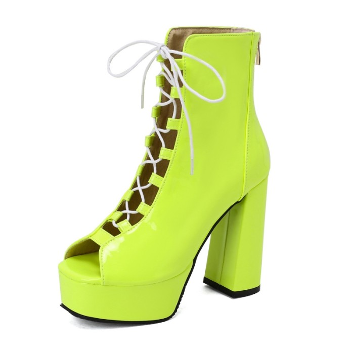 Peep Toe Knee High Lace Up Platforms Patent Chunky Heels Pumps Boots - Green - Shaft Material: Patent
Insole Material: Faux Leather
Lining Material: Synthetic
Outsole Material: Rubber

SIZES
US: 4 (8.66 inch) - EU: 34
US: 4.5 (8.85 inch) - EU: 35
US: 5.5 (9.05 inch) - EU: 36
US: 6 (9.25 inch) - EU: 37 
US: 7 (9.44 inch) - EU: 38 
US: 8 (9.64 inch) - EU: 39
US: 8.5 (9.84 inch) - EU: 40
US: 9.5 (10.03 inch) - EU: 41
US: 10 (10.23 inch) - EU: 42
US: 11 (10.43 inch) - EU: 43 
US: 12 (10.62 inch) - EU: 44
US: 13 (10.83 inch) - EU: 45
US: 13.5 (11.02 inch) - EU: 46
US: 14 (11.22 inch) - EU: 47
US: 15 (11.41 inch) - EU: 48
US: 16 (11.61 inch) - EU: 49
US: 17 (12.01 inch) - EU: 50 in Sexy Boots