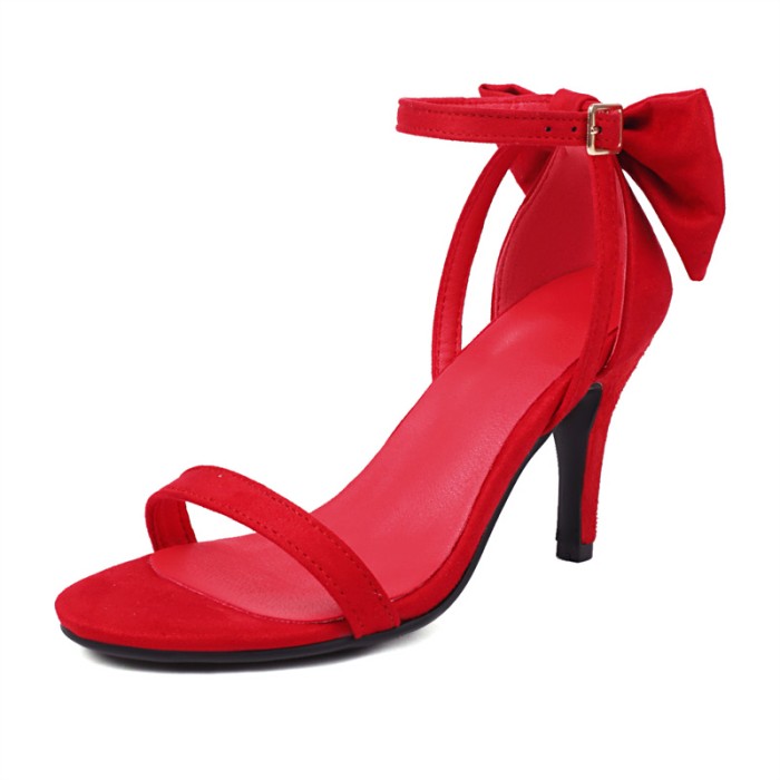 Peep Toe Ankle Buckle Straps Back Ribbon Stiletto Heels Suede Sandals - Red - Shaft Material: Flock Suede
Insole Material: Faux Leather
Lining Material: Synthetic
Outsole Material: Rubber

SIZES
US: 4 (8.66 inch) - EU: 34
US: 4.5 (8.85 inch) - EU: 35
US: 5.5 (9.05 inch) - EU: 36
US: 6 (9.25 inch) - EU: 37 
US: 7 (9.44 inch) - EU: 38 
US: 8 (9.64 inch) - EU: 39
US: 8.5 (9.84 inch) - EU: 40
US: 9.5 (10.03 inch) - EU: 41
US: 10 (10.23 inch) - EU: 42
US: 11 (10.43 inch) - EU: 43 
US: 12 (10.62 inch) - EU: 44
US: 13 (10.83 inch) - EU: 45
US: 13.5 (11.02 inch) - EU: 46
US: 14 (11.22 inch) - EU: 47
US: 15 (11.41 inch) - EU: 48
US: 16 (11.61 inch) - EU: 49
US: 17 (12.01 inch) - EU: 50 in Sexy Heels & Platforms