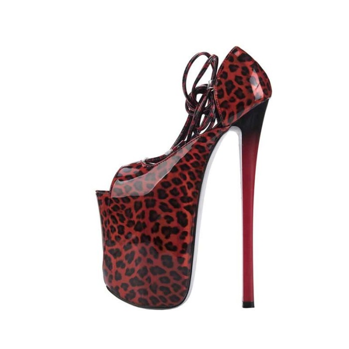 Fly High Peep Toe Leopard Platform Stiletto Heels Summer Party Pumps with Ankle Lace Up - Color: Red
Upper Material: PU
Insole Material: PU
Lining Material: PU
Outsole Material: Rubber

8.5 Inch Heel
4.5 Inch Platform in Sexy Heels & Platforms