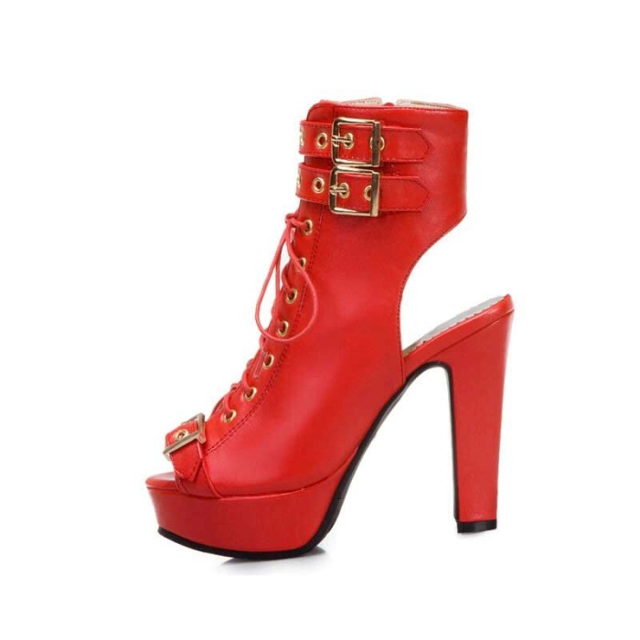Peep Toe Cuban Heels Lace Up Platform Summer Ankle Buckle Strap Booties with Side Zipper - Red - Color: Red
4.5 - Inch Heel
1.3 - Inch Platform in Sexy Boots