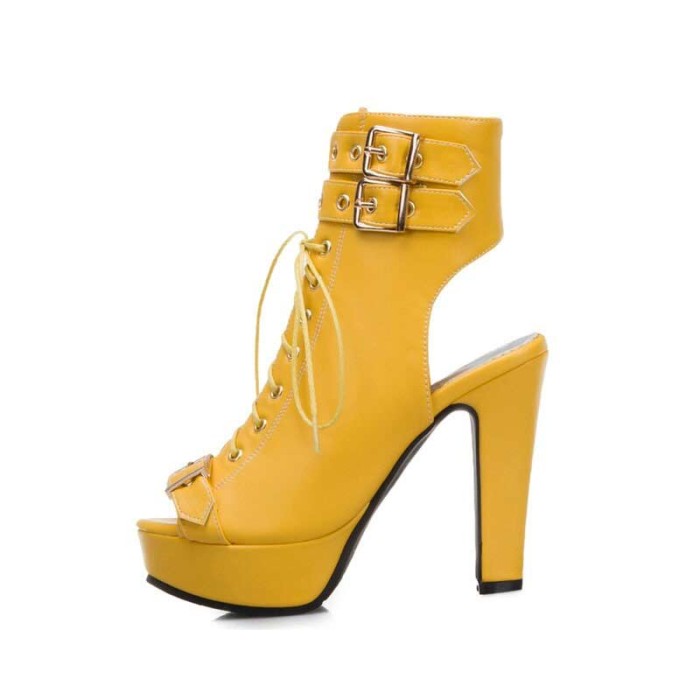 Peep Toe Cuban Heels Lace Up Platform Summer Ankle Buckle Strap Booties with Side Zipper - Yellow - Color: Yellow
4.5 - Inch Heel
1.3 - Inch Platform in Sexy Boots