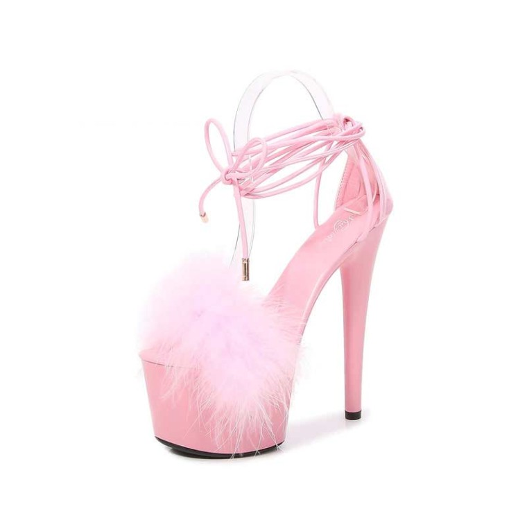 Women's Industrial Funk Heels - Furry Poms / Heavily Textured Rubber Soles  / Pink