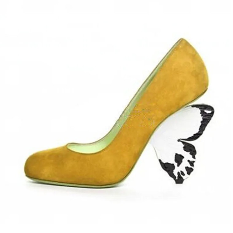 Emma Jones Round Toe Strange Butterfly Heels Suede Pumps - Yellow in Sexy  Heels & Platforms - $100.25