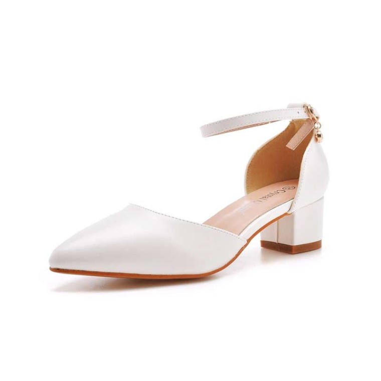 Glundy White Satin Ankle Strap Pointed-Toe Pumps