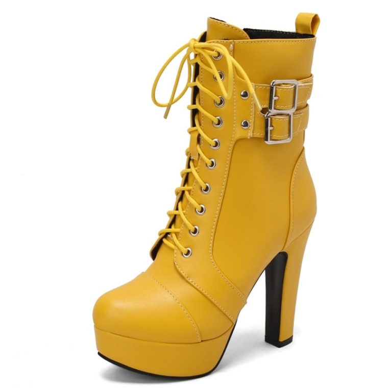 Lib Round Toe Cuban Heels Side Zipper Ankle Highs Double Buckle