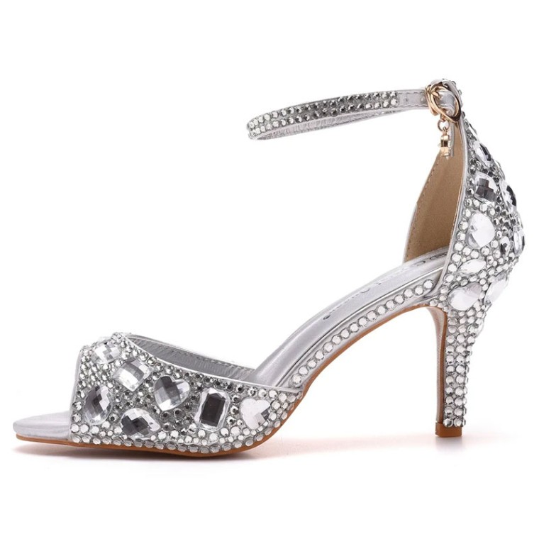 D'Orsay Cut, Ivory Silk Crystal & Pearl Studded Heels