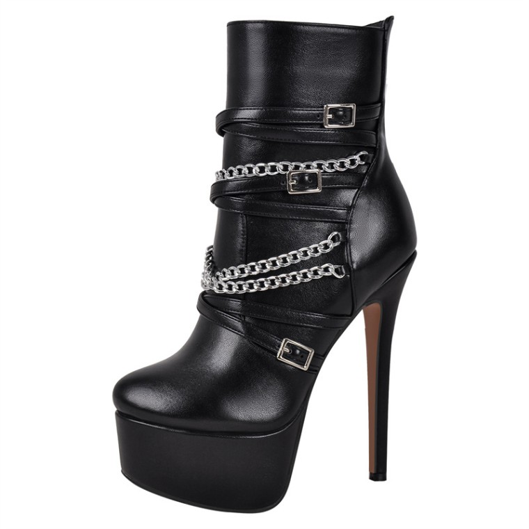 Round Toe Stiletto Heels Chain with Buckle Straps Punk Side Zipper Ankle Highs Platforms Booties Black by Maken