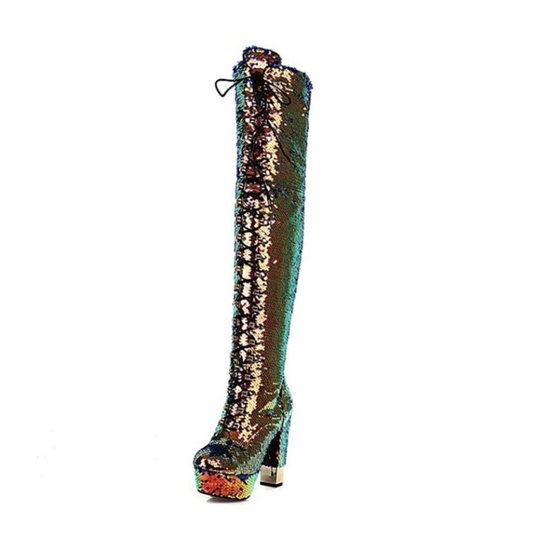 Lib Round Toe Chunky Heels Bling Sequin Lace Up Thigh Highs