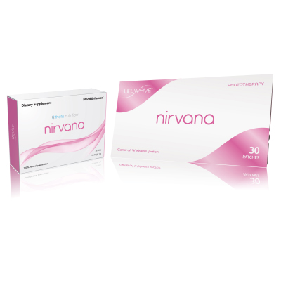 Nirvana Mood Enhancement Patches System - 60 pills and 30 patches - Dual-Action Mood Enhancer*
Nirvana Supplement
- Supports healthy endorphin production to enhance mood*
- Patented stabilization process for sustained results*
- Includes natural seaweed extract
- No drugs or stimulants

Nirvana Patch
- Enhances mood
- Sustained results
- Patented, proprietary form of phototherapy
- No drugs, chemicals or stimulants

Contains (1) Nirvana Supplement box with 60 pills and (1) Nirvana Patch sleeve with 30 patches

Are You Seeking Greater Happiness in Life?
Life is challenging for everyone, and we could all use an emotional boost when we’re feeling a little down, now and then. But what if you could be happier? Not surprisingly, the answer to this question is directly related to body chemistry.

Natural Release of Endorphins
You know that warm, euphoric feeling you get when you flirt with someone you’re attracted to? This feeling is actually produced by the body’s natural release of endorphins. But as we can all attest to it doesn’t last very long, and that’s where Nirvana does something no other product can.

Nirvana Supplement
This product includes a natural seaweed extract that not only supports healthy endorphin production, but its patented stabilization process produces sustained results.*

Nirvana Patch
The Nirvana patch is a patented technology that enhances your mood with no drugs, chemicals or stimulants. So for the first time, LifeWave has combined this patented technology with a natural supplement for a dual-action combination unlike any other. Together, the Nirvana Supplement and Nirvana Patch work synergistically to support a prolonged sense of happiness and well being, with no side effects.
*These statements have not been evaluated by the Food and Drug Administration. This product is not intended to diagnose, treat, cure, or prevent any disease.

Ingredients
2 mg of vanilla extract which is equivalent to 50 mg of Tahiti vanilla pod
0.4 mg organic extract of padina pavonica which is equivalent to 100 mg of dried plant
0.1 mg of organic oil extract of sea salt which is equivalent of 125mg of sea salt
Other ingredients: Microcrystalline cellulose, magnesium stearate, magnesium silicate, silicon dioxide. in HealthCare from LifeWave