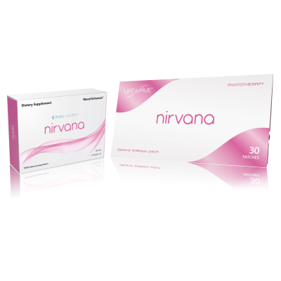 Nirvana Mood Enhancement Patches System - 60 pills and 30 patches - Dual-Action Mood Enhancer*
Nirvana Supplement
- Supports healthy endorphin production to enhance mood*
- Patented stabilization process for sustained results*
- Includes natural seaweed extract
- No drugs or stimulants

Nirvana Patch
- Enhances mood
- Sustained results
- Patented, proprietary form of phototherapy
- No drugs, chemicals or stimulants

Contains (1) Nirvana Supplement box with 60 pills and (1) Nirvana Patch sleeve with 30 patches

Are You Seeking Greater Happiness in Life?
Life is challenging for everyone, and we could all use an emotional boost when we’re feeling a little down, now and then. But what if you could be happier? Not surprisingly, the answer to this question is directly related to body chemistry.

Natural Release of Endorphins
You know that warm, euphoric feeling you get when you flirt with someone you’re attracted to? This feeling is actually produced by the body’s natural release of endorphins. But as we can all attest to it doesn’t last very long, and that’s where Nirvana does something no other product can.

Nirvana Supplement
This product includes a natural seaweed extract that not only supports healthy endorphin production, but its patented stabilization process produces sustained results.*

Nirvana Patch
The Nirvana patch is a patented technology that enhances your mood with no drugs, chemicals or stimulants. So for the first time, LifeWave has combined this patented technology with a natural supplement for a dual-action combination unlike any other. Together, the Nirvana Supplement and Nirvana Patch work synergistically to support a prolonged sense of happiness and well being, with no side effects.
*These statements have not been evaluated by the Food and Drug Administration. This product is not intended to diagnose, treat, cure, or prevent any disease.

Ingredients
2 mg of vanilla extract which is equivalent to 50 mg of Tahiti vanilla pod
0.4 mg organic extract of padina pavonica which is equivalent to 100 mg of dried plant
0.1 mg of organic oil extract of sea salt which is equivalent of 125mg of sea salt
Other ingredients: Microcrystalline cellulose, magnesium stearate, magnesium silicate, silicon dioxide. in HealthCare from LifeWave