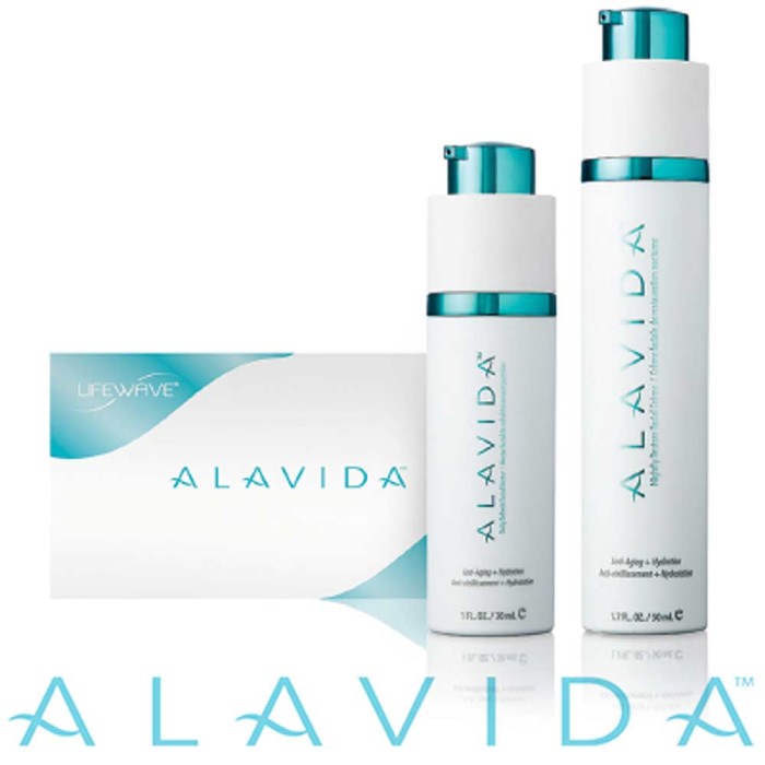 Alavida Regenerating Trio - Improves the health of your skin from the inside out.
98.6% naturally derived, plant-sourced ingredients
More vibrant skin from day one

Trio Package Contains:
(2) Alavida patch sleeve with 30 patches,
(1) bottle of Daily Refresh Facial Nectar, and 
(1) bottle of Nightly Restore Facial Creme.

Alavida takes an entirely new approach to skin care. Our scientifically proven formulas, which include a patented, proprietary form of phototherapy, improve the health of your skin—from the inside out and the outside in.

From day one, Alavida provides immediate, long-lasting results that help beautify your skin’s appearance and restore your youthful radiant glow. Plus, you’ll be happy to know that our products are dermatologist tested, allergy tested, developed for all skin types and contain no unnatural preservatives.

Main Benefits:

Reduces the appearance of fine lines and wrinkles
Brightens complexion for a regenerated, youthful glow
Evens out skin tone and discoloration
Hydrates 24/7
Enhances skin firmness
Compelling Results From Clinical Research:

Nearly 90% of subjects saw significant, overall improvement in appearance after 3 weeks
100% of subjects reported an immediate, significant improvement in skin hydration.
Over 70% of subjects experienced significant improvement in skin firmness after only 3 weeks.
Nearly 80% of subjects confirmed significant improvement in skin radiance after 6 weeks. in HealthCare from LifeWave