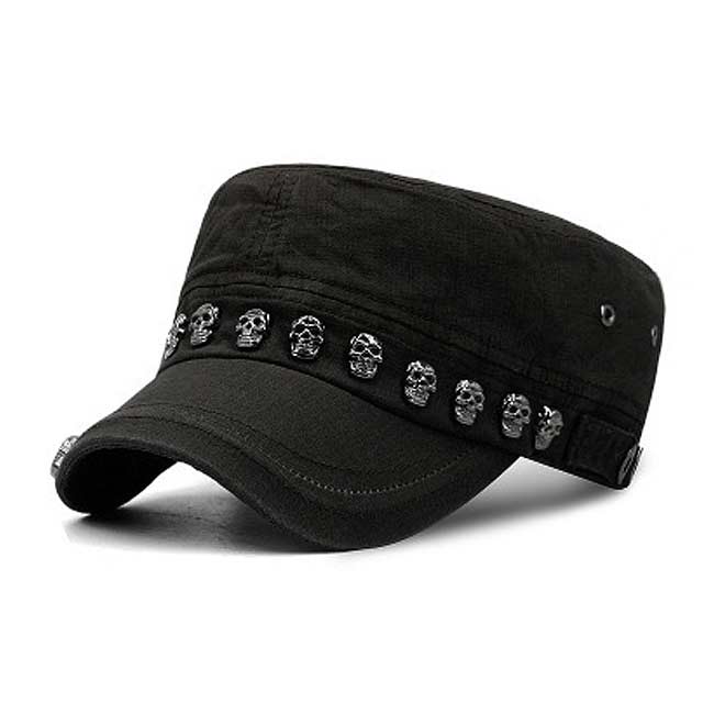 Hiphop Punk Style Skull Rivet Flat Peaked Army Hats - Black - Note: Due to the different monitor and light effect, the actual color of the item might be slightly different from the color showed on the pictures. Thank you!

Material: Canvas Cotton
Size: 22 inches / 23.6 inches in Caps, Chokers, Scarfs, Hats & Headwear