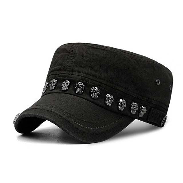 Hiphop Punk Style Skull Rivet Flat Peaked Army Hats - Black - Note: Due to the different monitor and light effect, the actual color of the item might be slightly different from the color showed on the pictures. Thank you!

Material: Canvas Cotton
Size: 22 inches / 23.6 inches in Caps, Chokers, Scarfs, Hats & Headwear
