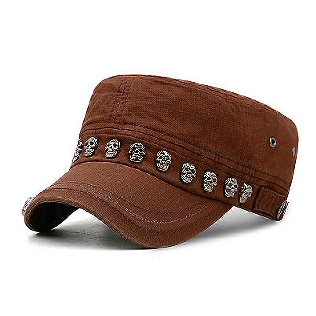 Hiphop Punk Style Skull Rivet Flat Peaked Army Hats - Rusty Red - Note: Due to the different monitor and light effect, the actual color of the item might be slightly different from the color showed on the pictures. Thank you!

Material: Canvas Cotton
Size: 22 inches / 23.6 inches in Caps, Chokers, Scarfs, Hats & Headwear