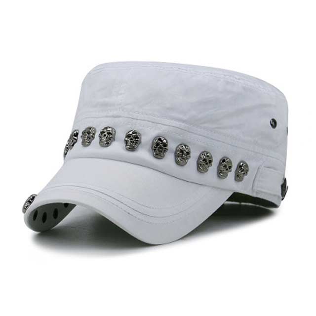 Hiphop Punk Style Skull Rivet Flat Peaked Army Hats - White - Note: Due to the different monitor and light effect, the actual color of the item might be slightly different from the color showed on the pictures. Thank you!

Material: Canvas Cotton
Size: 22 inches / 23.6 inches in Caps, Chokers, Scarfs, Hats & Headwear