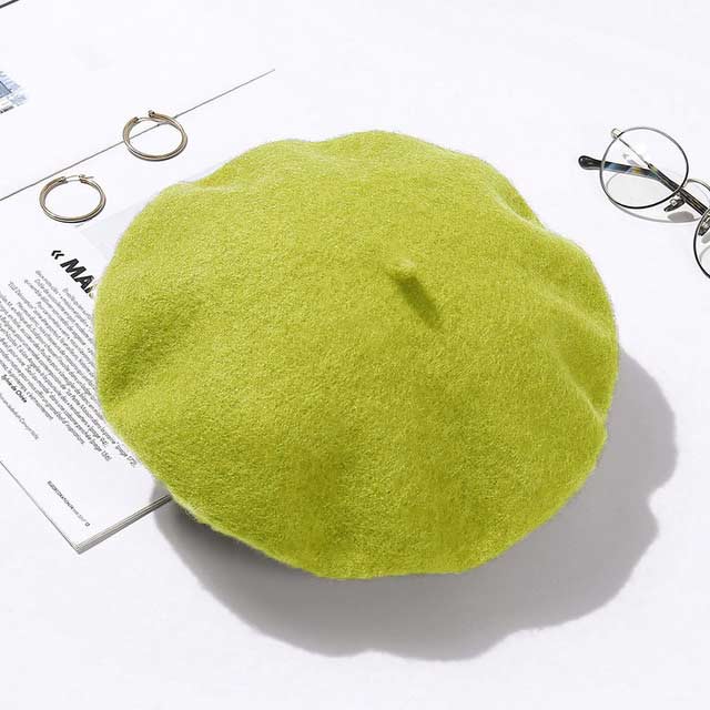 Autumn Winter Trend Wool Paris French Berets Hats - Fluorescent Green - Note: Due to the different monitor and light effect, the actual color of the item might be slightly different from the color showed on the pictures. Thank you!

Material: Wool
Size: 20.8 inches / 22.4 inches in Caps, Chokers, Scarfs, Hats & Headwear