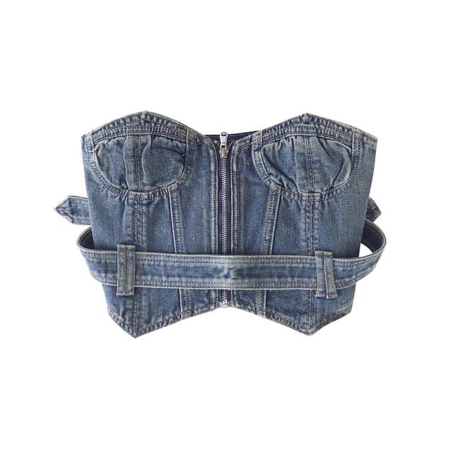 Street Summer Style Denim Punk Belt Short Sleeveless Over Top  - Closure Type: Zipper & Strap
Season: Summer, Spring
Material: Denim
Fit Type: Slim

SMALL: Bust: 29.1 inch (74 cm) Length: 10.6 inch (27 cm)
MEDIUM: 30.7 inch (78cm) Length: 11 inch (28 cm)
LARGE: Bust: 32.3 inch (74 cm) Length: 11.5 inch (29 cm) in Tops, Blouses, Shirts, Hoodies, Boleros, Pajamas, OneSies