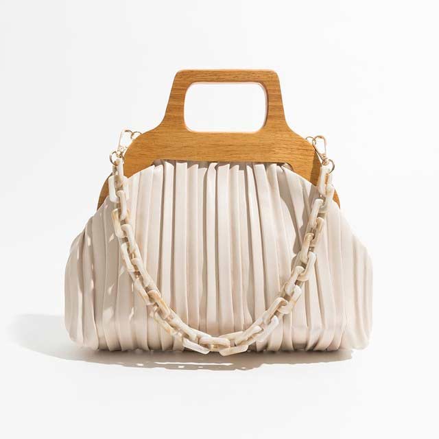Acrylic Chain Cloud Shape Crossbody Bags - Beige - 【Quality Material】: High Quality pu leather material, pleated shape with wooden handle and acrylic chain, super soft and comfortable handtouch,luxury and trend,It is the kind of great bags for women and girls.
【Classic Tote Bag】: hasp button closure, with 1 main pocket design , and 2 inner pockets.very cool, fashionable purses for women, perfect for casual shopping,dating and business, the best gift for your wife, mom, girls, and family.
【Size】:10.62``x3.14``x6.29``(L x W x H) , with a short handle ,there will be 1~3 cm errors, weight: about 0.3kg.There will be a long removable strap.
【Clutch bag Structure】: The tote Bags design make it convenient to pick up stuff.Reasonable separation design of inner space is suitable for different item storage.Enough capacity to organize your daily items,Such as,wallet, iPhone, cosmetics and more. in Bags, Backpacks, Handbags & Wallets