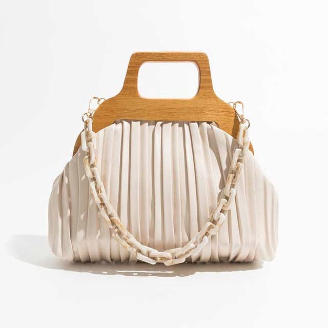 Acrylic Chain Cloud Shape Crossbody Bags - Beige - 【Quality Material】: High Quality pu leather material, pleated shape with wooden handle and acrylic chain, super soft and comfortable handtouch,luxury and trend,It is the kind of great bags for women and girls.
【Classic Tote Bag】: hasp button closure, with 1 main pocket design , and 2 inner pockets.very cool, fashionable purses for women, perfect for casual shopping,dating and business, the best gift for your wife, mom, girls, and family.
【Size】:10.62``x3.14``x6.29``(L x W x H) , with a short handle ,there will be 1~3 cm errors, weight: about 0.3kg.There will be a long removable strap.
【Clutch bag Structure】: The tote Bags design make it convenient to pick up stuff.Reasonable separation design of inner space is suitable for different item storage.Enough capacity to organize your daily items,Such as,wallet, iPhone, cosmetics and more. in Bags, Backpacks, Handbags & Wallets