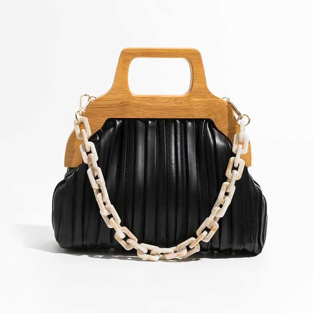 Acrylic Chain Cloud Shape Crossbody Bags - Black - 【Quality Material】: High Quality pu leather material, pleated shape with wooden handle and acrylic chain, super soft and comfortable handtouch,luxury and trend,It is the kind of great bags for women and girls.
【Classic Tote Bag】: hasp button closure, with 1 main pocket design , and 2 inner pockets.very cool, fashionable purses for women, perfect for casual shopping,dating and business, the best gift for your wife, mom, girls, and family.
【Size】:10.62``x3.14``x6.29``(L x W x H) , with a short handle ,there will be 1~3 cm errors, weight: about 0.3kg.There will be a long removable strap.
【Clutch bag Structure】: The tote Bags design make it convenient to pick up stuff.Reasonable separation design of inner space is suitable for different item storage.Enough capacity to organize your daily items,Such as,wallet, iPhone, cosmetics and more. in Bags, Backpacks, Handbags & Wallets