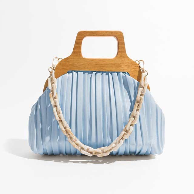 Acrylic Chain Cloud Shape Crossbody Bags - Blue - 【Quality Material】: High Quality pu leather material, pleated shape with wooden handle and acrylic chain, super soft and comfortable handtouch,luxury and trend,It is the kind of great bags for women and girls.
【Classic Tote Bag】: hasp button closure, with 1 main pocket design , and 2 inner pockets.very cool, fashionable purses for women, perfect for casual shopping,dating and business, the best gift for your wife, mom, girls, and family.
【Size】:10.62``x3.14``x6.29``(L x W x H) , with a short handle ,there will be 1~3 cm errors, weight: about 0.3kg.There will be a long removable strap.
【Clutch bag Structure】: The tote Bags design make it convenient to pick up stuff.Reasonable separation design of inner space is suitable for different item storage.Enough capacity to organize your daily items,Such as,wallet, iPhone, cosmetics and more. in Bags, Backpacks, Handbags & Wallets
