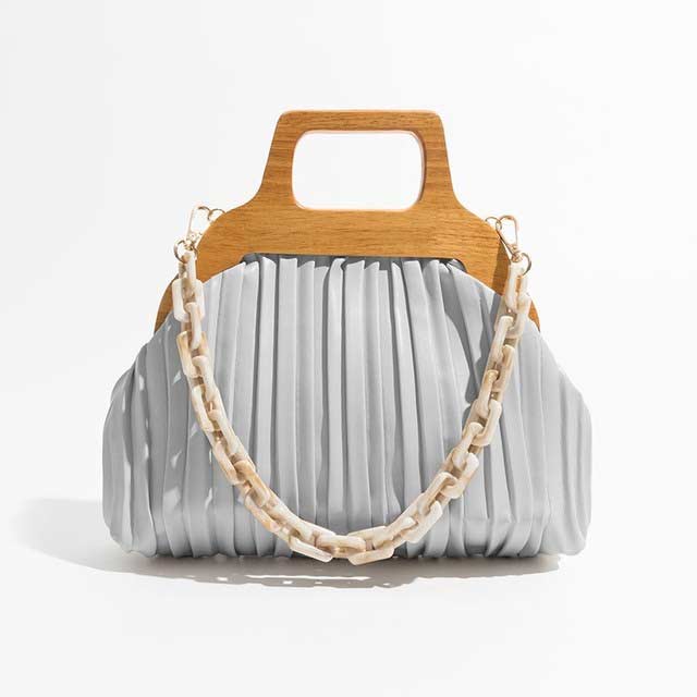 Acrylic Chain Cloud Shape Crossbody Bags - Gray - 【Quality Material】: High Quality pu leather material, pleated shape with wooden handle and acrylic chain, super soft and comfortable handtouch,luxury and trend,It is the kind of great bags for women and girls.
【Classic Tote Bag】: hasp button closure, with 1 main pocket design , and 2 inner pockets.very cool, fashionable purses for women, perfect for casual shopping,dating and business, the best gift for your wife, mom, girls, and family.
【Size】:10.62``x3.14``x6.29``(L x W x H) , with a short handle ,there will be 1~3 cm errors, weight: about 0.3kg.There will be a long removable strap.
【Clutch bag Structure】: The tote Bags design make it convenient to pick up stuff.Reasonable separation design of inner space is suitable for different item storage.Enough capacity to organize your daily items,Such as,wallet, iPhone, cosmetics and more. in Bags, Backpacks, Handbags & Wallets