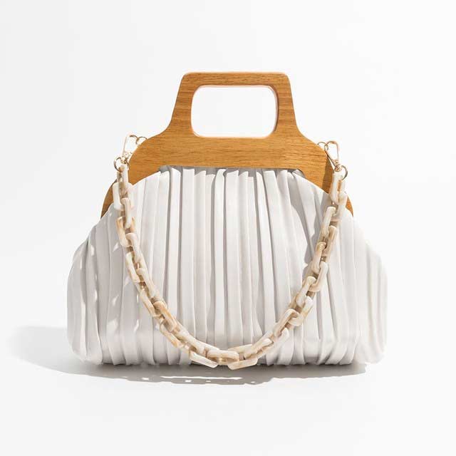 Acrylic Chain Cloud Shape Crossbody Bags - White - 【Quality Material】: High Quality pu leather material, pleated shape with wooden handle and acrylic chain, super soft and comfortable handtouch,luxury and trend,It is the kind of great bags for women and girls.
【Classic Tote Bag】: hasp button closure, with 1 main pocket design , and 2 inner pockets.very cool, fashionable purses for women, perfect for casual shopping,dating and business, the best gift for your wife, mom, girls, and family.
【Size】:10.62``x3.14``x6.29``(L x W x H) , with a short handle ,there will be 1~3 cm errors, weight: about 0.3kg.There will be a long removable strap.
【Clutch bag Structure】: The tote Bags design make it convenient to pick up stuff.Reasonable separation design of inner space is suitable for different item storage.Enough capacity to organize your daily items,Such as,wallet, iPhone, cosmetics and more. in Bags, Backpacks, Handbags & Wallets