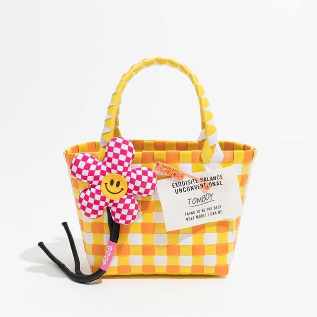 Jelly Color PVC Checkered Summer Beach Picnic Handbag Bags - Multicolor - 【Handbags Type】 Shoulder Tote Bag
【Material】 High Quality jelly color pvc, hand woven tote shaped design with contrast color and a flower pendant , soft and comfortable handtouch,simple stylish and trend,It is the kind of great bags for women and girls in travel beach.
【Capacity 】 Ladies handbags have 1 Main Pocket,enough capacity to organize your daily items, such as cell phone,coin,wallet, and cosmetics, mini purses and handbags
【Size】 5.9x3.93x5.51in(L x W x H) 15x10x14cm,with a short handle,there will be 1~3 cm errors, weight: about 0.2kg.
【Note】 Please allow 1-3cm differs due to manual measurement.


 in Bags, Backpacks, Handbags & Wallets