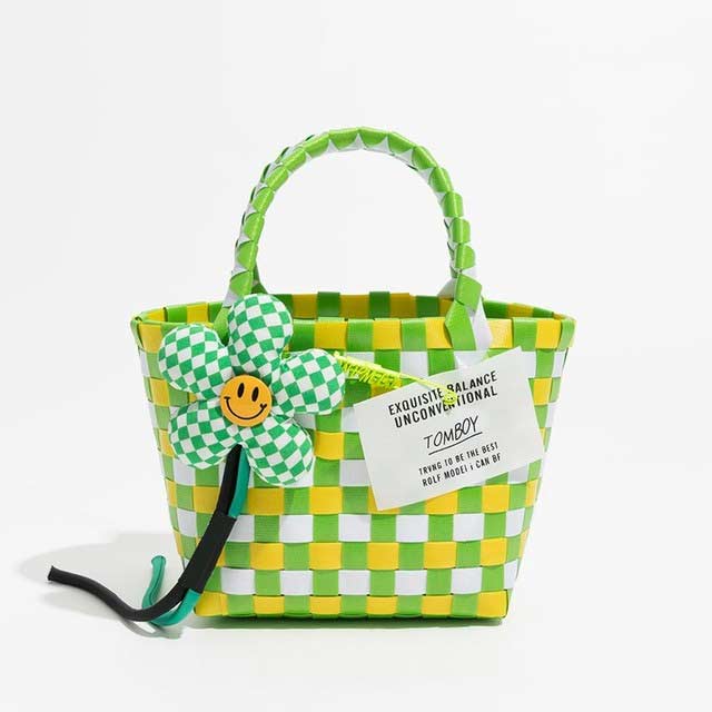 Jelly Color PVC Checkered Summer Beach Picnic Handbag Bags - Multicolor - 【Handbags Type】 Shoulder Tote Bag
【Material】 High Quality jelly color pvc, hand woven tote shaped design with contrast color and a flower pendant , soft and comfortable handtouch,simple stylish and trend,It is the kind of great bags for women and girls in travel beach.
【Capacity 】 Ladies handbags have 1 Main Pocket,enough capacity to organize your daily items, such as cell phone,coin,wallet, and cosmetics, mini purses and handbags
【Size】 5.9x3.93x5.51in(L x W x H) 15x10x14cm,with a short handle,there will be 1~3 cm errors, weight: about 0.2kg.
【Note】 Please allow 1-3cm differs due to manual measurement.


 in Bags, Backpacks, Handbags & Wallets
