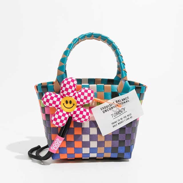 Jelly Color PVC Checkered Summer Beach Picnic Handbag Bags - Multicolor - 【Handbags Type】 Shoulder Tote Bag
【Material】 High Quality jelly color pvc, hand woven tote shaped design with contrast color and a flower pendant , soft and comfortable handtouch,simple stylish and trend,It is the kind of great bags for women and girls in travel beach.
【Capacity 】 Ladies handbags have 1 Main Pocket,enough capacity to organize your daily items, such as cell phone,coin,wallet, and cosmetics, mini purses and handbags
【Size】 5.9x3.93x5.51in(L x W x H) 15x10x14cm,with a short handle,there will be 1~3 cm errors, weight: about 0.2kg.
【Note】 Please allow 1-3cm differs due to manual measurement.


 in Bags, Backpacks, Handbags & Wallets